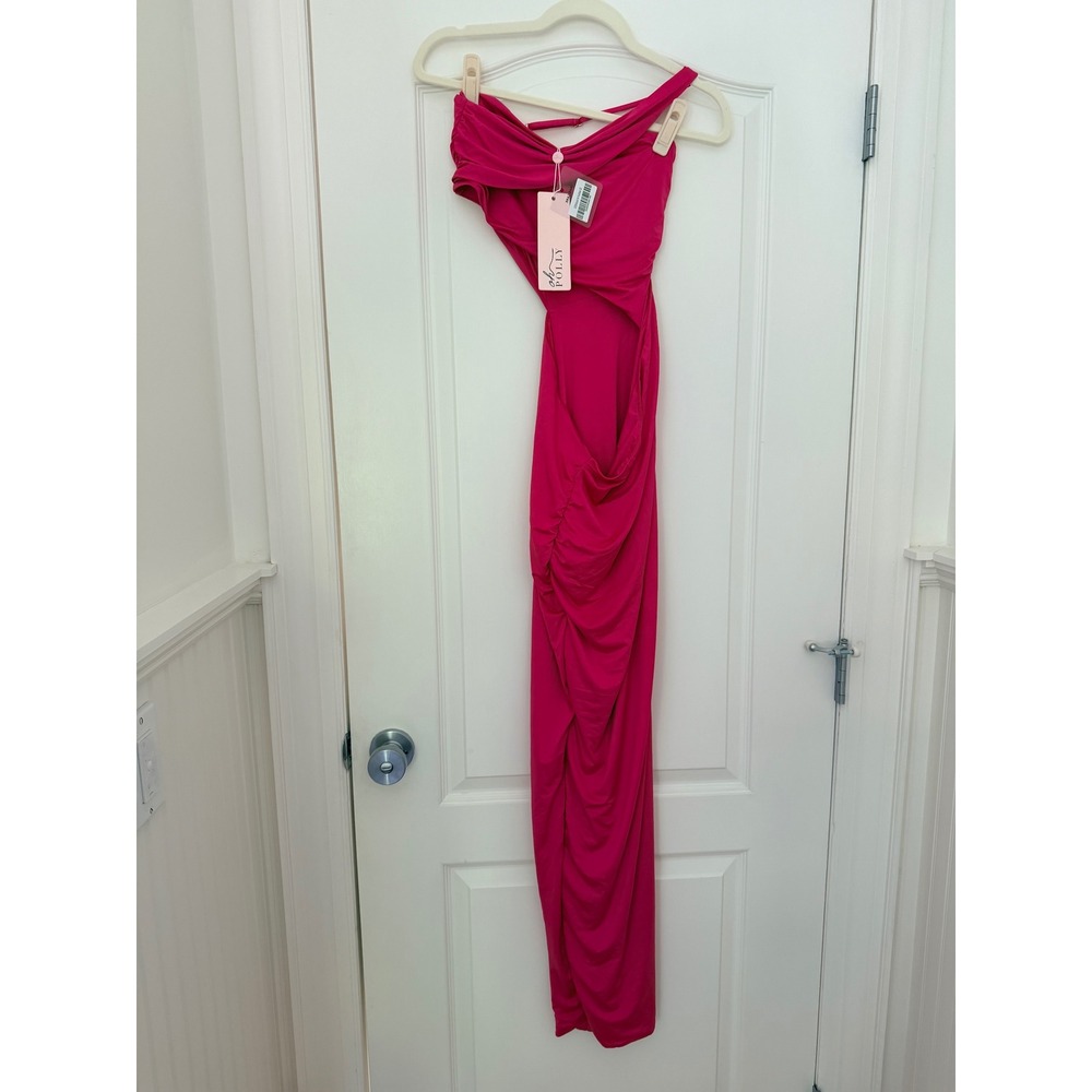 Oh Polly Fuchsia One Shoulder Cut Out Ruched Maxi Dress Pink Size 8 NWT - Picture 5 of 6